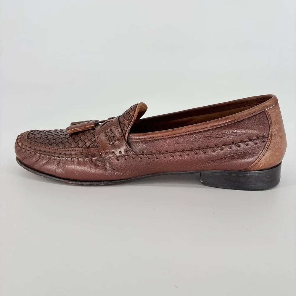 Brass Boot Brown Leather Loafers Men Size 11 M Woven Interlocking Tassel Slip On